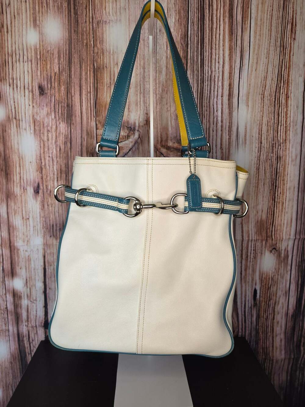 Coach Hampton Leather Tote Bag M3S-9286 Cream Teal Yellow